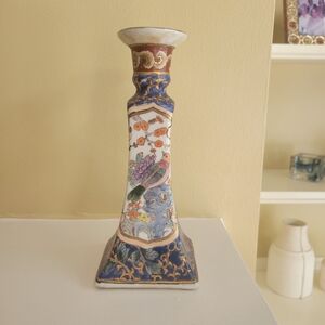 Elegant Blue and Gold Porcelain Bird And Floral Candle Holder, Handpainted